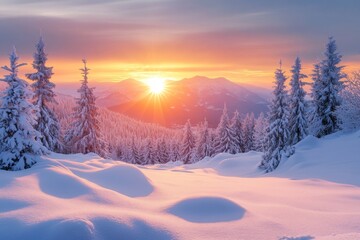 Snow-covered pine trees and rolling snowdrifts in a serene mountain landscape, with distant snow-capped peaks under a clear blue sky.