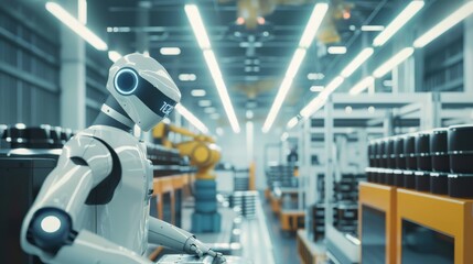 Industry 4.0 Robot concept .Engineers are using virtual AR to maintain and check the work of human robot in the 4.0 Smart Factory.Mix 3d rendering 