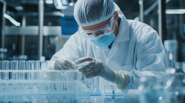 A biopharmaceutical scientist in a cleanroom setting, meticulously adjusting sterile lab equipment while wearing sterile gloves, emphasizing the importance of aseptic processing in pharmaceuticals