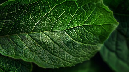 Macro photography reveals the intricate vein pattern of a green leaf, highlighting the details of plant biology. 