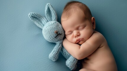 A cute newborn boy in the first days of life sleeps naked on a blue fabric background. The kid gently hugs a light blue knitted bunny. Studio professional macro photography, newborn baby portrait. 