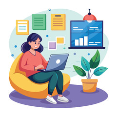 Fototapeta premium Female using laptop sitting on a bean bag with floating screens in the background