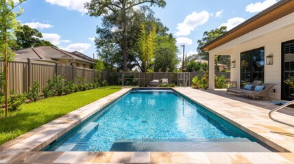 A rectangular new swimming pool with tan concrete edges in the fenced backyard of a new construction house. 