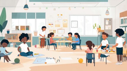 A group of children happily learning in a primary school setting, showing diverse educational activities and engagement