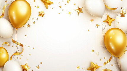 yellow and white balloons with gold stars and ribbons, Birthday background, party background, celebration, wjite background