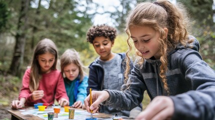 Obraz premium A group of students in an outdoor classroom setting, engaged in a creative art project under the guidance of their teacher, highlighting nature-based learning