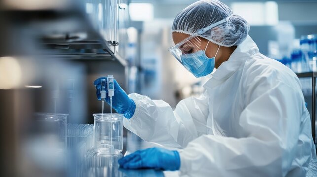 A pharmaceutical formulation scientist working in a sterile lab, demonstrating the precision and care needed for aseptic processing and cleanroom operations