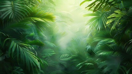 Obraz premium Vibrant Jungle Oasis, a lush tropical landscape bursting with green trees, winding vines, and colorful plants, creating a serene and inviting backdrop for any space.