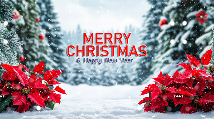 Snowy Christmas Background With Poinsettia