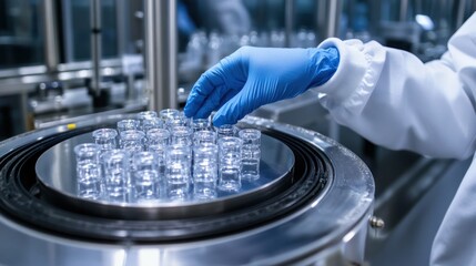 A pharmaceutical scientist wearing sterile gloves inspecting medical vials on a production line in a sterile laboratory environment, focusing on quality control and safety
