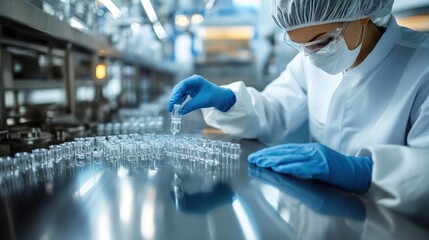 A pharmaceutical scientist wearing sterile gloves inspecting medical vials on a production line in a sterile laboratory environment, focusing on quality control and safety