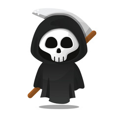 Grim Reaper with skull head carries big scythe in cute vector art illustration perfect for horror and Halloween design themes editable asset template 