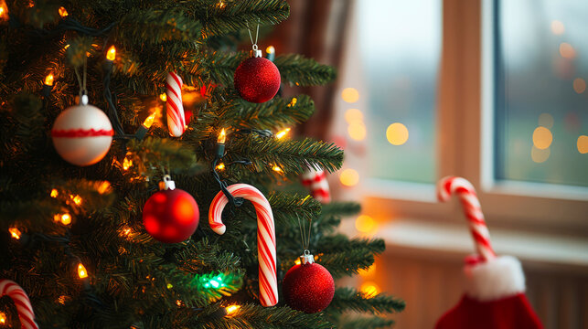 Christmas Tree With Ornaments And Candy Canes  