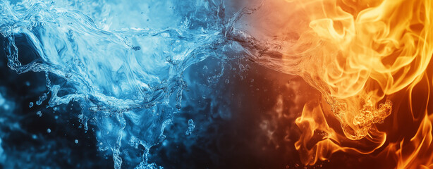 Obraz premium Fiery Flames and Splashing Water on Black Background - Dynamic Contrast of Opposite Energies - Abstract Concept of Fire and Water Interaction