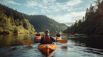 Adventure travel with friends on a river kayaking trip