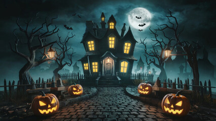 This image showcases a spooky, moonlit Halloween scene with a haunted house as the central focus. The house has a dark, eerie exterior with glowing windows that emit a soft, warm light.