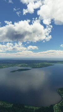 Front Aerial View with Drone Flying over Lake Kagawong; Manitoulin Island; Ontario. Canada