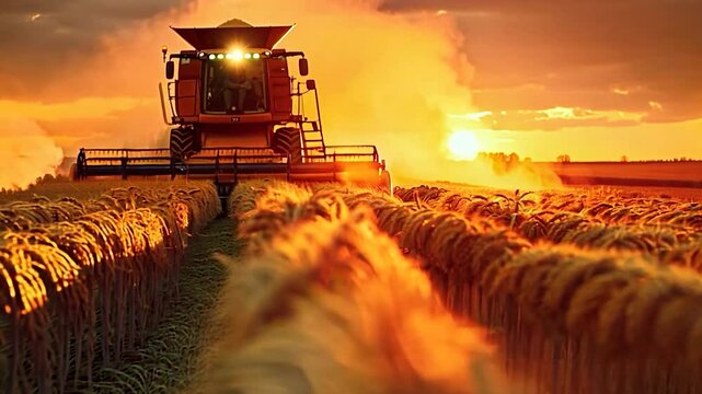 Wheat being harvested with a combine harvester under a golden sunset,