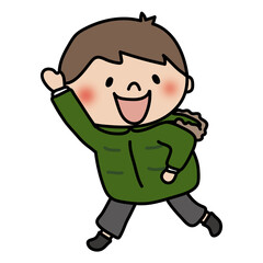 冬にダウンを着て走っている子供（男の子）