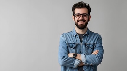 Fototapeta premium Portrait of a smiling man with crossed arms wearing a blue denim jacket and glasses