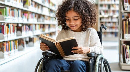 Naklejka premium Girl in Wheelchair Reading Book in Library
