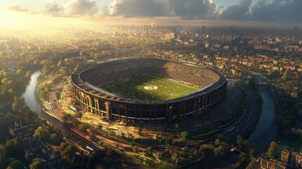 Aerial view of a large stadium surrounded by a cityscape.