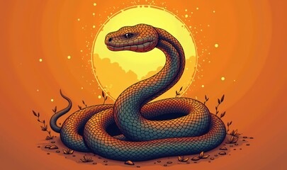 Fototapeta premium A vibrant and artistic illustration of a snake against a warm sunset background, perfect for nature-themed projects, wildlife campaigns, or eco-friendly brands.