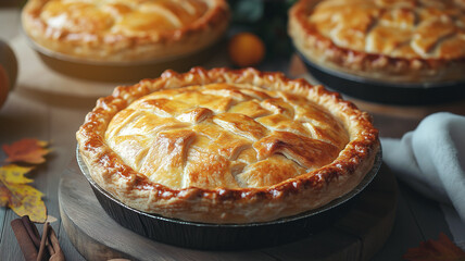 Close-up of freshly baked golden pies on a rustic table, evoking a cozy autumn or Thanksgiving feast atmosphere.