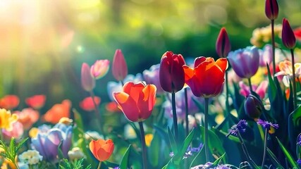 Springtime garden with a variety of blooming flowers, bright and colorful