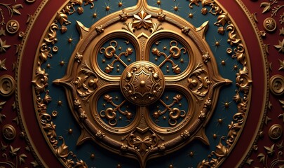 Obraz premium An intricate golden ornate design featuring keys and floral elements, ideal for luxury branding, architecture, or decorative arts.
