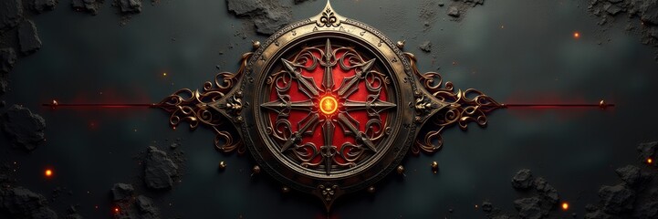 Fototapeta premium A striking, ornate compass emblem with a bold red center, set against a dark, textured background, perfect for fantasy, gaming, or adventure themes.