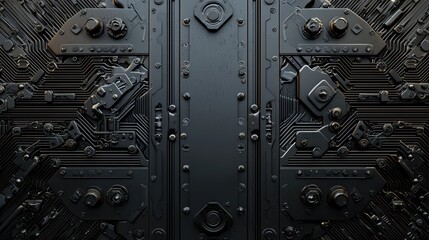 Abstract Black Metal Panel With Circuitry And Gears