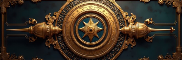 Obraz premium Ornate golden emblem with intricate detailing, perfect for luxury branding, interior design, or historical themes.