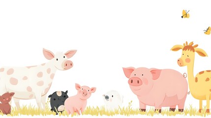 Obraz premium Cartoon Farm Animals in a Grassy Field with Butterflies