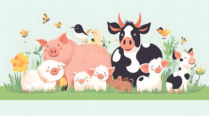 Obraz premium A Cow, Pig, and Piglets Surrounded by Birds and Flowers