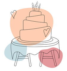 Birthday cake with candle on it. Dessert for birthday celebration on the table. Color blobs style. Flat cartoon style.