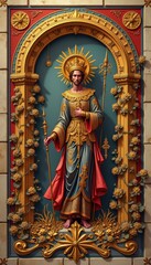 Intricate religious statue depicting a saint, showcasing beautiful craftsmanship and vibrant colors, ideal for art, culture, spirituality, or historical context.
