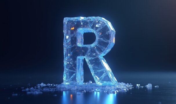 Glimmering ice letter "R" stands out with sharp edges and reflections, perfect for branding, logo design, or winter-themed projects.