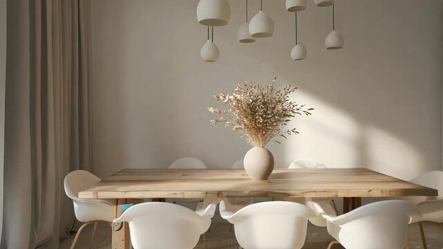 Minimalist dining area with wooden table and white chairs, beige accents,
