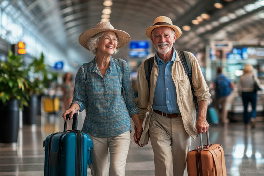 Smiling elderly couple with suitcases walking in the airport, going on holiday. 
