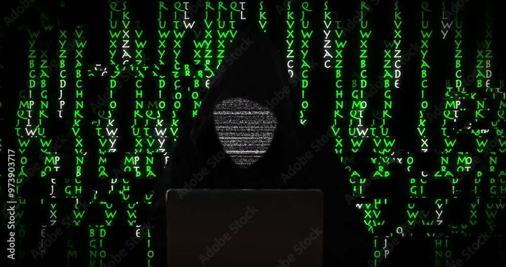 Aufkleber Hacker, laptop and glitch of coding language for data transfer, binary code and programming security of scam. Cyberpunk, pattern and cloud computing with malware virus, network system and software