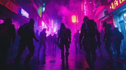 Halloween cyberpunk style, neon streets with people in high-tech costumes and masks