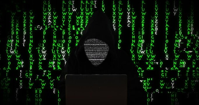 Hacker, laptop and glitch of coding language for data transfer, binary code and programming security of scam. Cyberpunk, pattern and cloud computing with malware virus, network system and software