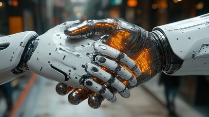 Business executive shaking hands with a robotic AI assistant in a high-tech office symbolizing the collaboration between artificial intelligence and human leadership