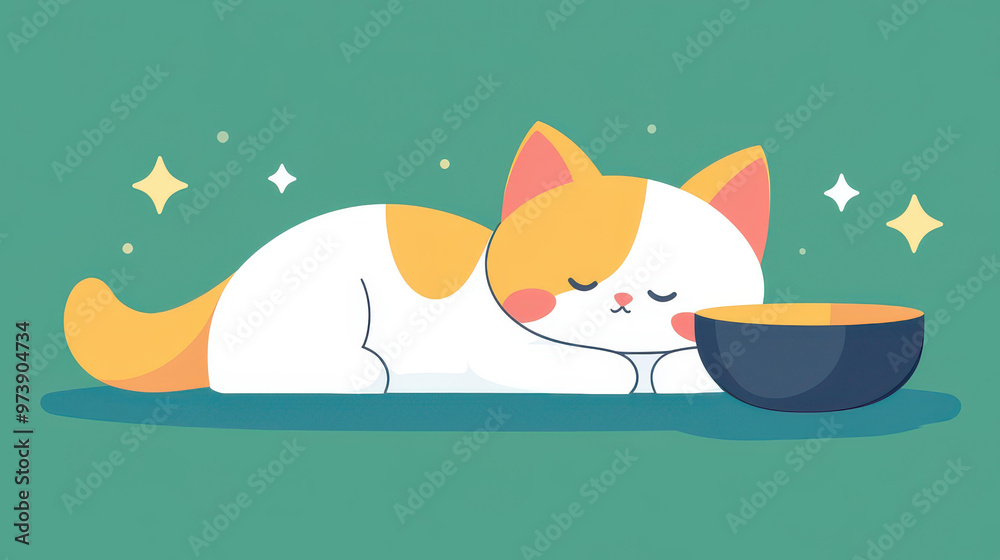 Poster A playful kitten naps by its bowl, bringing charm and whimsy to this modern, textured cartoon illustration.