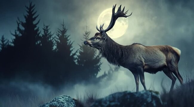 Scene of close up view a highland stag under moon, Camera slow motion with different angles