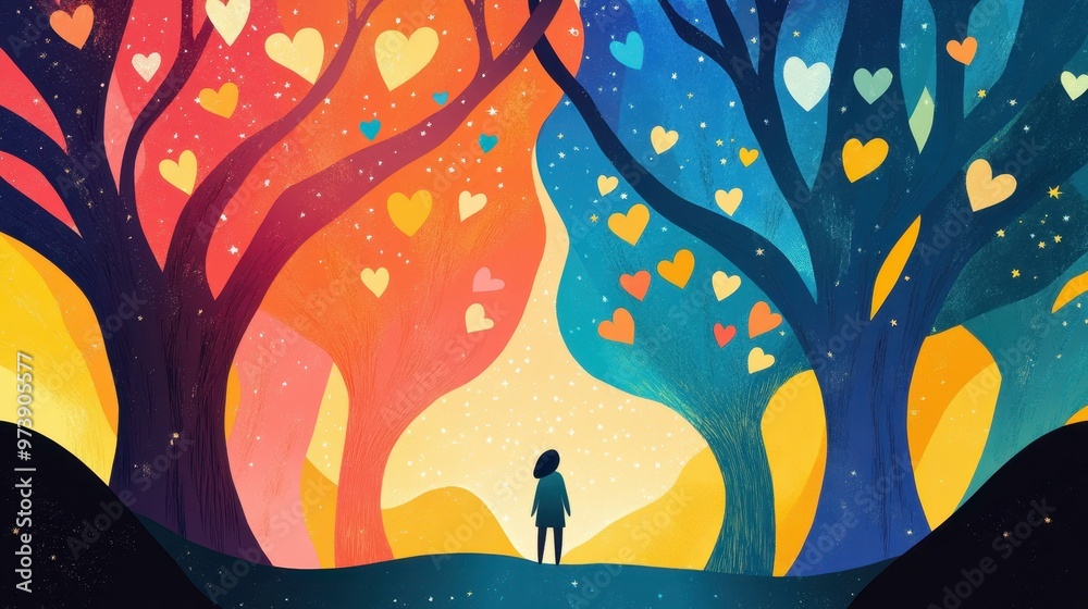 Wall mural A serene scene of a person among vivid trees beneath a starry sky with whimsical heartshaped constellations.