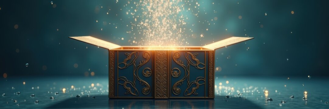 A magical, illuminated box overflowing with sparkling light, symbolizing discovery, creativity, and new beginnings. Perfect for business themes in innovation and inspiration.