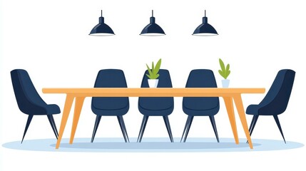 A sleek business meeting room featuring a modern table surrounded by minimalist chairs, perfect for collaboration.