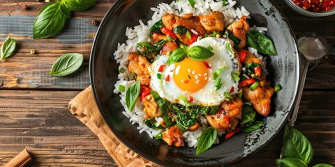 Top-Down View of Stir-Fried Basil Chicken with Egg over Rice Served in a Dark Bowl on a Wooden Surface